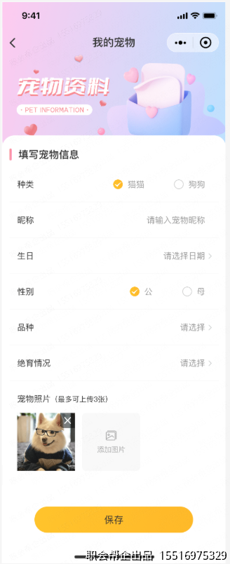 宠物资料填写页面